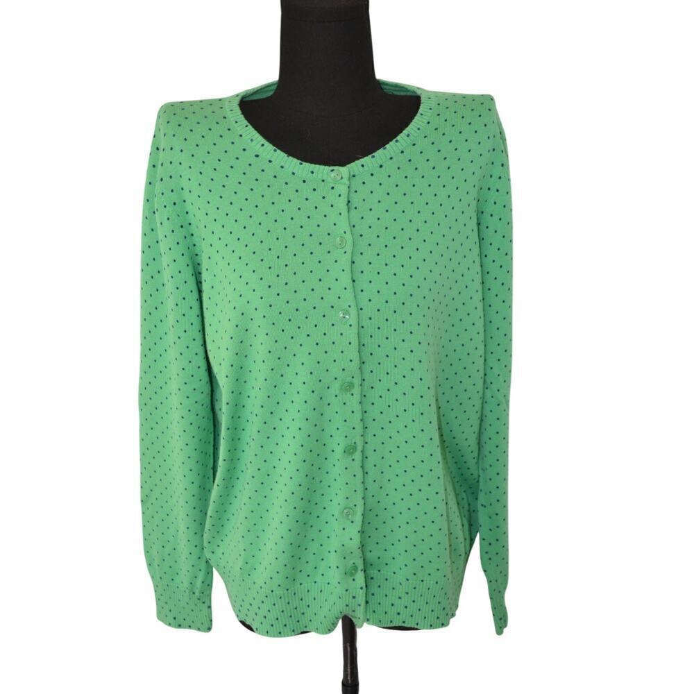 L.L. Bean Green with Blue Polka Dots Cardigan Sweater Size XL